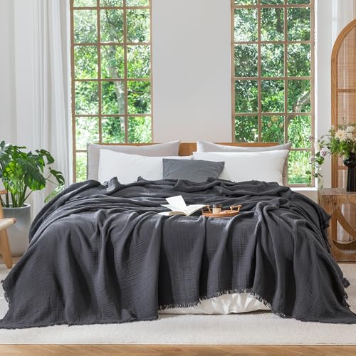 MooMee 100% Cotton Muslin Blanket Fringed 4-Layer Gauze Bed Throw, Queen | Soft Breathable Lightweight Thin Coverlet Summer Blankets for Adults, Bed & Couch All Seasons, Dark Grey, 90" x 90" - color: Dark Grey, size: Queen