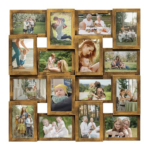 J.M.Deco Collage Picture Frames for Wall 16 Opening, Large Photo Frame Collage Wall Hanging for 4x6 Photo, Reunion Friends Family Memory, Christmas Gift - Retro Gold - color: Retro Gold, size: 16 Opening