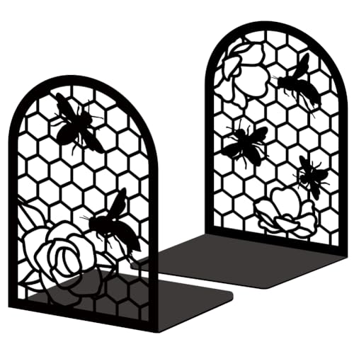 Black Metal Bookends for Shelves Decor Bees Heavy Duty Bookends for Book Supports Vintage Flower Book Stopper for Office Book Holder Shelf Accessories Unique 7x4.7x3.5 inch 1 Pairs/2 Pcs - style: Honeycomb