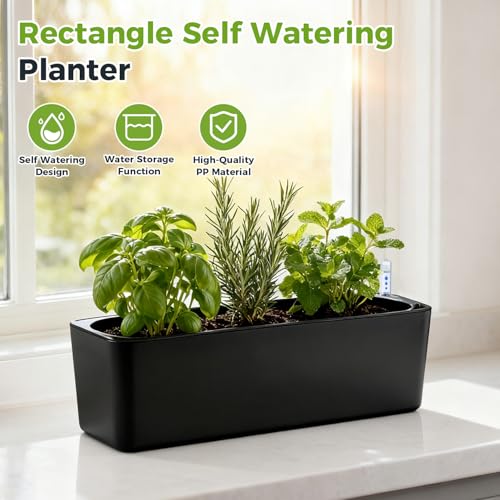 2 Pack Rectangular Self Watering Planter 15.6 x 5.4 in Window Sill Planters Indoor Rectangle Planter Self Watering Pots Plastic Plant pots with Drainage Holes Black Flower Pot (Black) - color: Black
