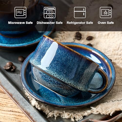 JIEMEI HOME Porcelain Stackable Cappuccino Cups with Saucers and Metal Stand, 7 Ounce Espresso Cups for Latte Coffee Cafe, Specialty Coffee Drinks, Cappuccino and Tea - Set of 4, Midnight Tide - color: Midnight Tide