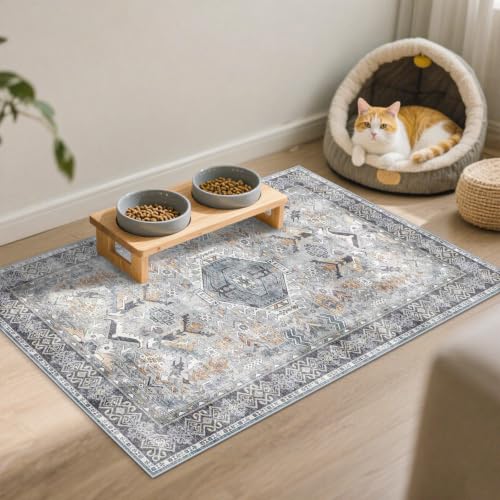 Washable Entryway Area Rug 2x3 - Small Doormat Vintage Distressed Rugs Oriental Non-Slip Stain Resistant Carpet Soft Thin Non-Shedding Indoor Floor Mat for Bedroom Bathroom Kitchen (Grey/Blue,2x3) - color: Grey, size: 2' x 3' (Runner)