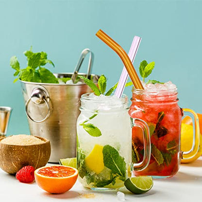 10 Pcs Reusable Glass Smoothie Straws,9''x12 mm Glass Drinking Straws for Milkshakes, Tea, Juice,Set of 5 Straight and 5 Bent with 2 Cleaning Brushes -Dishwasher Safe(Colorful)