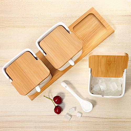 Set of 3 Porcelain Sugar Bowl, 8.8 fl oz Condiment Pots with Spoons Bamboo Flip Lids Labels, Spice Salt Tray Serving for Home Kitchen - color: S-002-3