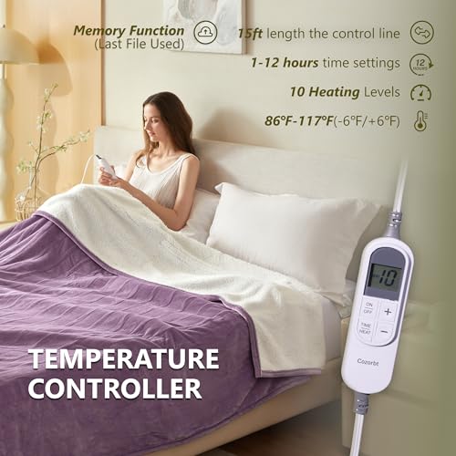 Heat Blanket 62”x84” Twin Size,Soft Flannel & Sherpa Reversible Electric Blanket with 10 Heat Settings,12 Timer Setting and 8 Hours Auto-Shut Off,ETL Certified Machine Washable,Purple - color: Purple, size: 62*84in