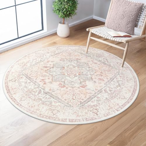 LIVEBOX Pink Vintage Round Rug 4ft Washable Floral Rug | Machine Washable Floral Circle Rug with Non Slip Backing for Living Room, Bedroom, Nursery, Office, Girl's Room - color: Medallion Pink, size: 4' (Round)