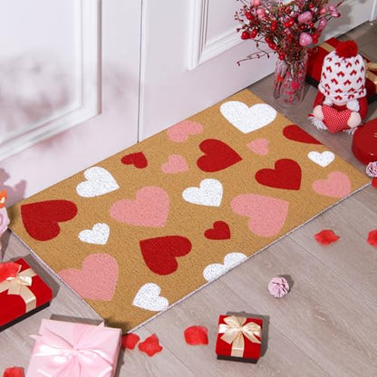 Duraaamo Valentine Coir Door Mat Welcome Doormat Red Pink White Heart Pattern Non Slip for Outdoor Entrance Front Porch Entryway Decor - style: Heart