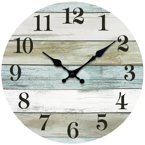 10 Inch Beach Wall Clock, Silent Non-Ticking Battery Operated | Rustic Coastal Beach Clock Decorative for Bathroom Kitchen Bedroom Home Office - color: Blue, size: 10 Inch