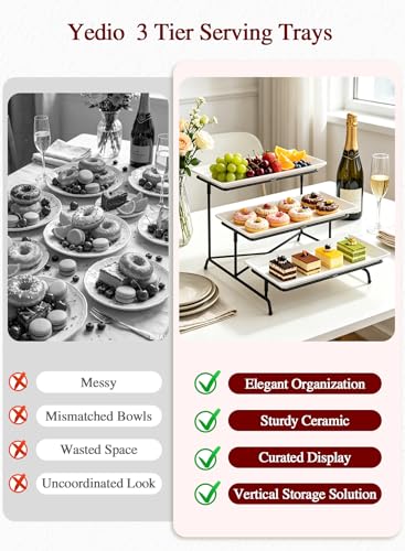 3 Tier Serving Tray, 12 Inch Dessert Display Stand, Black Stand | 3*Porcelain Durable Serving Plates, Microwave/Dishwasher Safe, Modern Cupcake Fruit Buffet Display, Wedding/Tea/Party serving - color: Black, size: 12 Inch