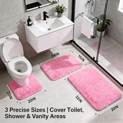 Shaggy Bathroom Rugs Set Plush Velvet Bath Rugs Non-Slip Bath Mat Set 3 Piece,Washable Mats,Absorbent Shaggy Rugs Super Soft U-Shaped Toilet Rug,Bahroom Carpets for Bathroom,Tub,Shower(Light Pink - color: Light Pink