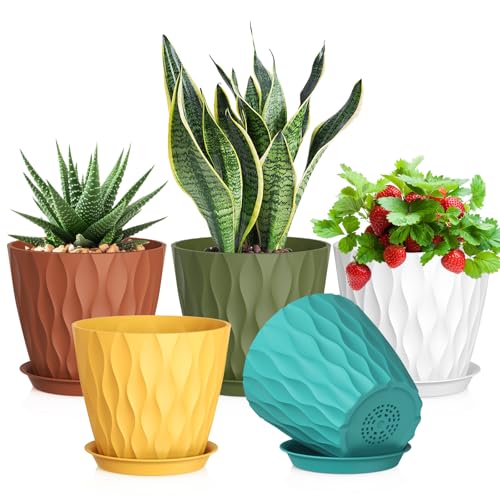 Meowell 7 inch Plant Pots for Indoor Outdoor Plants, 5 Pack Thick Nursery Pots with Drainage Holes and Saucers, 3D Modern Wave Texture Plastic Planter Pots for Flowers and House Plants, Multicolor - color: Colorful, size: 7'' 5pcs