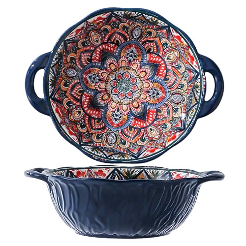 2 Pack Boho Ceramic Serving Bowls with Handles, 40 Oz Porcelain Salad Bowls, Large Serving Dishes for Entertaining, Mixing Bowls for Soup, Stew, Pasta, Cereal, Colorful Embossed Cute Bowls Set ALDS - color: Blue