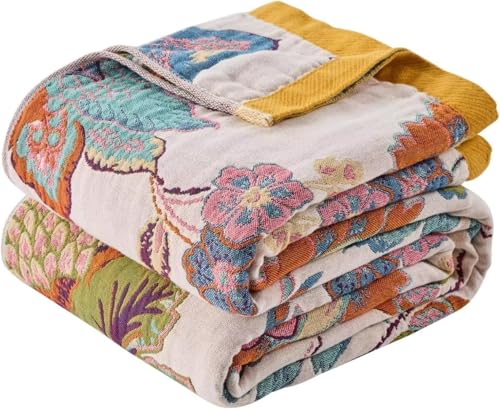 Boho Throw Blanket Farmhouse Decor Throw Blanket Bohemian Blanket for Bed 100% Cotton Muslin Woven Couch Blanket All Seasons Quilt Bedroom (B-Beige, 90"x98") - color: B-beige, size: 90"x98"