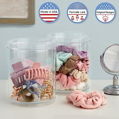 STORi Bella Tall Scrunchie Holder | Stackable Clear Plastic Container (Set of 2) Round Vanity Storage Organizers with Lids for Hair Accessories & Beauty Supplies | Made in USA