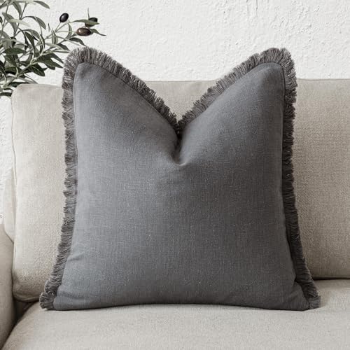 Foindtower Decorative Linen Fringe Throw Pillow Covers Cozy Boho Farmhouse Cushion Cover with Tassels Soft Accent Pillowcase for Chair Sofa Bed Living Room Home Decor, 16×16 Inch, 1PC, Gray - color: Grey, size: 16" x 16" (Pack of 1)