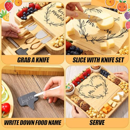 Wedding Gifts for Couples Engraved Charcuterie Board Gift Set | Large Cheese Charcuterie Board, Newlyweds Mr and Mrs Bridal Shower Gifts, Wedding Engagement Gift - style: Mr Mrs