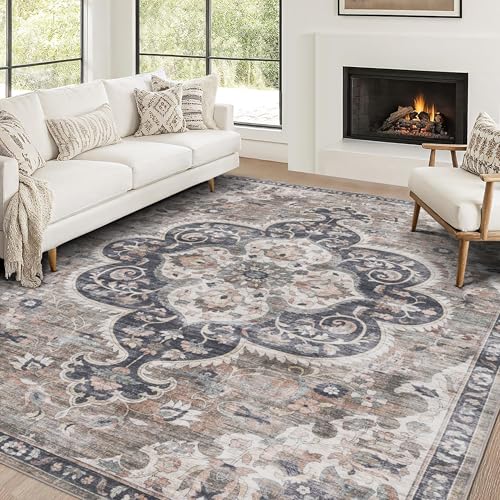 Machine Washable Area Rug Runner - Living Room Bedroom Bathroom Kitchen Entryway Office - Padded Low Pile Stain Resistant Premium - Boho Farmhouse Vintage - Joy - Brown Beige 3' x 5' - color: Medallion - Brown Ivory, size: 3' x 5' (Rectangular)