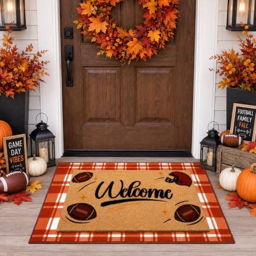 2 Pcs Fall Football Doormat-Fall Decor Orange White Door Mat Outdoor Set | Non Slip Coir Rubber Backing Floor Rug with The Season Autumn Football Sport Decor for Home Front Porch Entryway Entrance - color: Brown and Football