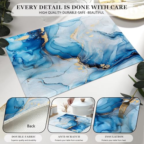 Mcalk Blue Marble Table Runner and Placemats Set of 6, Marble Print Placemats, Modern Cloth Place Mats Indoor for Kitchen,Washable Linen Material for Dining Table - color: 02blue