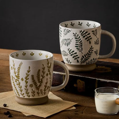18 Oz Large Ceramic Coffee Mug Set of 2 - Rustic Handmade Floral Mugs with Handle, Microwave Safe for Latte Espresso Cappuccino Tea Cocoa Milk, Modern Unique Big Cups for Kitchen Women(Sage Green) - color: Sage Green