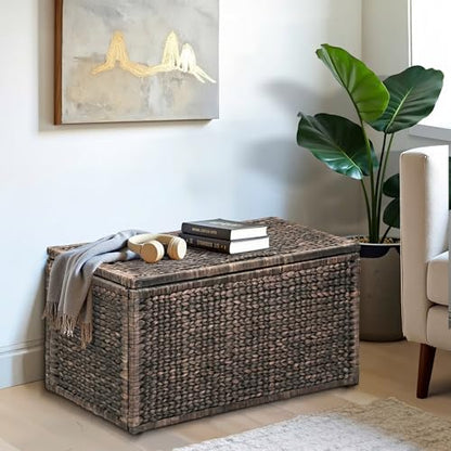 Wicker Storage Trunk, Brown Wash, 36x20x18.5 | 2 Safety Hinghes, Metal Frame, Heavy-duty, Water Hyacinth - color: Brown Wash, size: 36" x 20"