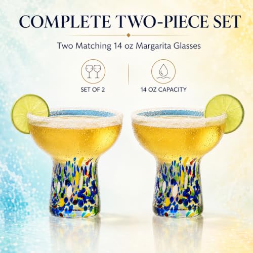Large Stemless Hand Blown Confetti Margarita Glasses - 14 oz - Set of 2 | Colorful Artisan Glassware, Perfect for Margaritas, Martinis, Wine, Cocktails & Champagne, Great for Cinco de Mayo & Parties - style: Mexican Confetti Margarita Glass