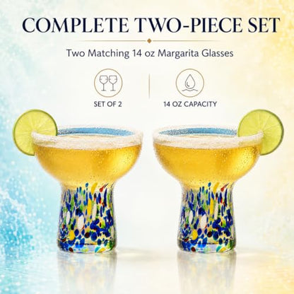 Large Stemless Hand Blown Confetti Margarita Glasses - 14 oz - Set of 2 | Colorful Artisan Glassware, Perfect for Margaritas, Martinis, Wine, Cocktails & Champagne, Great for Cinco de Mayo & Parties - style: Mexican Confetti Margarita Glass