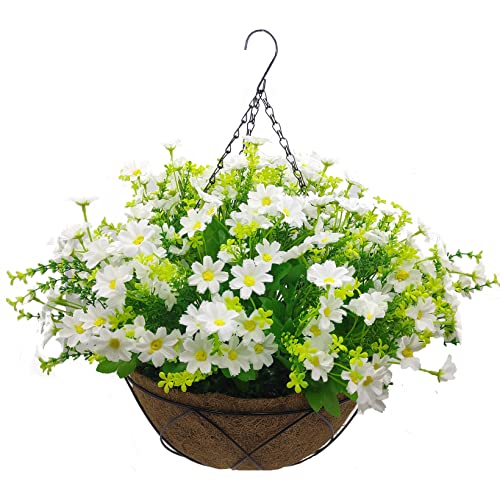 Artificial Hanging Flowers with Basket,Fake Daisy Flowers in 12 inch Coconut Lining Hanging Baskets for The Decoration of Courtyard, Indoors, and Outdoors(White) - color: A-white