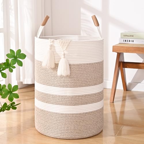 90L Striped Laundry Basket, Brown Laundry Hamper with Leather Handles, Woven Cotton Rope Storage Bin for Blankets, Nursery Hamper for Clothes, Toys In Bathroom, Livingroom, Bedroom - color: Brown & White, size: 90L