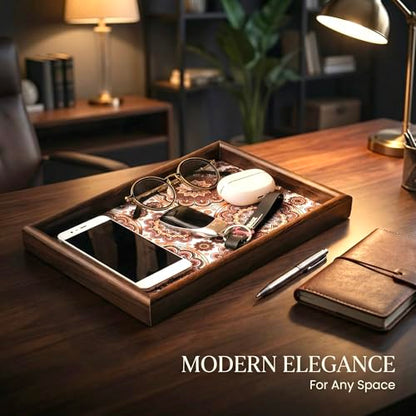 Wooden Valet Tray with Leather Base - Nightstand Catchall Organizer for Cologne, Perfume, Keys, Wallet, Phone, Watch, Jewelry & Sunglasses (Bohemian) - color: Bohemian
