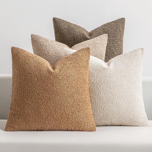 MIULEE Fall Decorative Boucle Throw Pillow Covers 18x18 Brown Set of 4 | Neutral Textured Accent Pillow Cases Soft Couch Cushion Covers for Modern Farmhouse Boho Sofa Bed Livingroom Home Decor - color: Neutral Brown, size: 18" x 18" (Pack of 4)