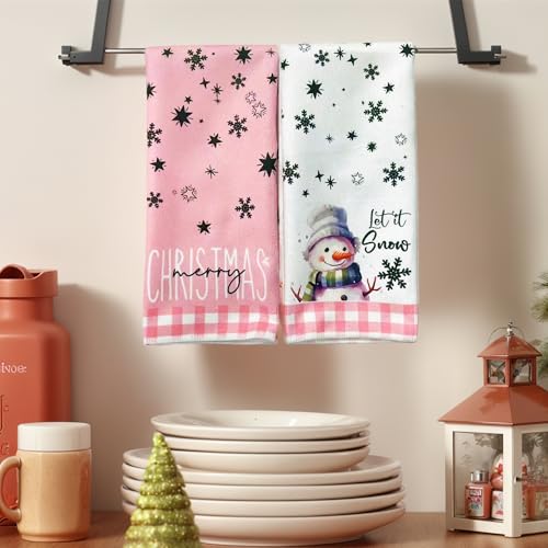 Merry Christmas Kitchen Towels Set of 2,Funny Snowman Dish Towels Holiday Home Indoor Bathroom Party Seasonal Decorations,Cute Pink Buffalo Plaid Farmhouse Decor,Winter Hand Towels - color: Pinksnowman