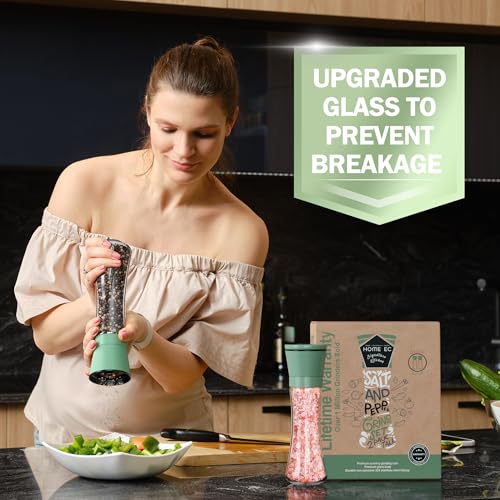 Home EC Premium Green Sea Salt and Pepper Grinder Set of 2 - Adjustable Ceramic - Tall Glass Salt and Pepper Shakers - Kitchen Pepper Mill & Salt Mill W/Funnel & EBook - color: Green Cap/Clear Glass, size: 2pk