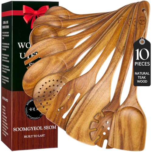 SOOMGYEOL SEOM 10-Piece Teak Wood Cooking Utensil Set | Natural Teak Wood, Uncoated, 10 Essential Cooking Utensils, Nonstick Safe - size: 10 PCS Set