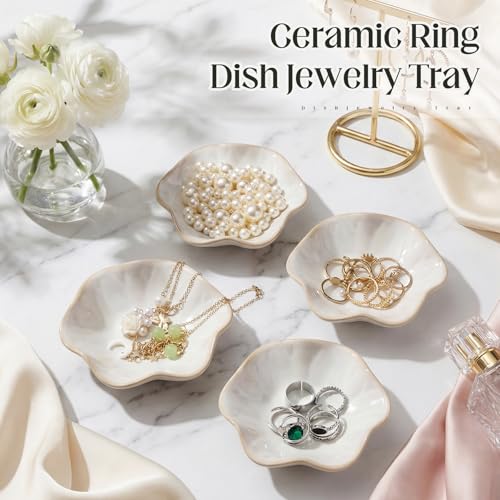 4 Pack Small Jewelry Dish Ceramic Trinket Holder Tray for Rings Earrings Key Bowl Women Mother's Day Wedding Gift(White) - color: White, style: Ceramic