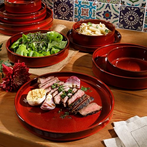 Two Time Oprah's Favorite Things Winner - Santorini Mist Double Bowl Terracotta Reactive Glaze Plates and Bowls Dinnerware Set - Garnet Red, Service for Four (16pcs) - color: Garnet Red