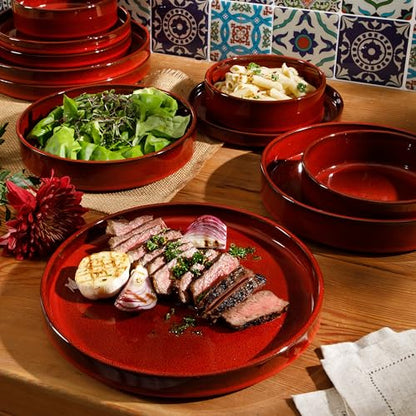 Two Time Oprah's Favorite Things Winner - Santorini Mist Double Bowl Terracotta Reactive Glaze Plates and Bowls Dinnerware Set - Garnet Red, Service for Four (16pcs) - color: Garnet Red