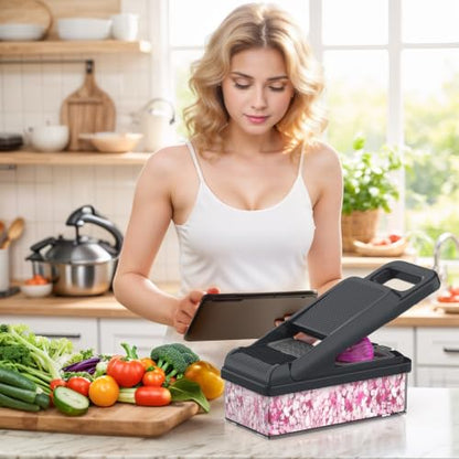 15-in-1 Vegetable Chopper 10 Blades, Veggie Cutter with Handle, Grey | Stainless Steel Blades, Food Container and Lid, Dicer, Slicer, Julienne, Egg Separator, Non-slip Base, Include Cleaning Tools - color: Gray, size: 10 blades