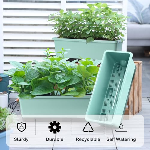 Window Box Planter 8 Pcs, 17 Inches Rectangle Flower Pots with Drainage Holes & Trays, Vegetable Planters for Windowsill Patio Garden Balcony Home Indoor Outdoor (Green, 16 * 7 * 6 inch) - color: Green