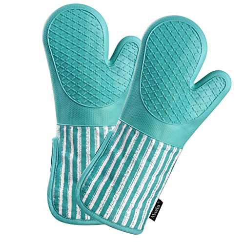 Alselo Silicone Oven Mitts Heat Resistant 932℉ with Waterproof & Non-Slip | Kitchen Mittens Set of 2,Extra Long 7.5"x15" Oven Gloves with Soft Cotton Terry Lining for Baking Cooking BBQ(Green,2) - color: Green