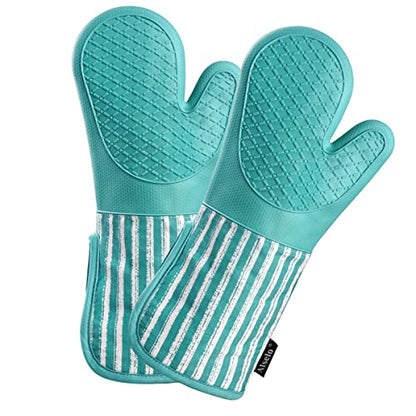 Alselo Silicone Oven Mitts Heat Resistant 932℉ with Waterproof & Non-Slip | Kitchen Mittens Set of 2,Extra Long 7.5"x15" Oven Gloves with Soft Cotton Terry Lining for Baking Cooking BBQ(Green,2) - color: Green