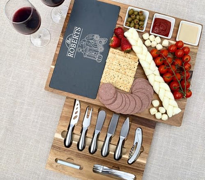 Engraved Acacia Charcuterie Board with Slate & Knives – Custom Cheese Serving Tray for Thanksgiving, Christmas, Housewarming & Bridal Shower Gifts - color: Design #37