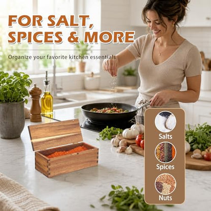 Acacia Wood Salt Cellar Spice Box with Magnetic Lid 29oz Large Capacity Salt Organizer 1 Compartments for Kitchen Countertop, Pepper, Seasonings, Spices, Grilling & Cooking - color: Acacia Wood, style: 1 Compartments
