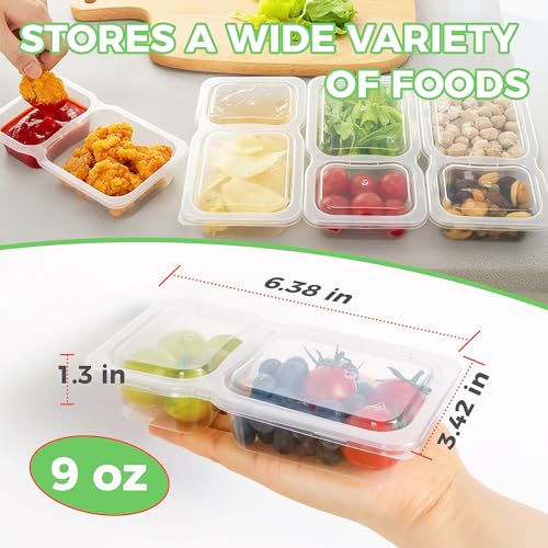 Reusable Snack Containers with Lids, 9 oz Double Compartment Plastic Snack Pack Containers Portion Control Meal Prep Snack Boxes BPA Free 20 Sets for Work Travel School