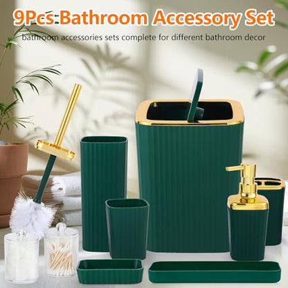 9 PCS DarkGreen Bathroom Accessories Set with Trash Can Bathroom Accessory | All-in-One Kit with Trash Can,Toothbrush Holder,Soap Dispenser,Toothbrush Cup,Vanity Tray,Soap Dish,Toilet Brush etc for Home - color: Darkgreen