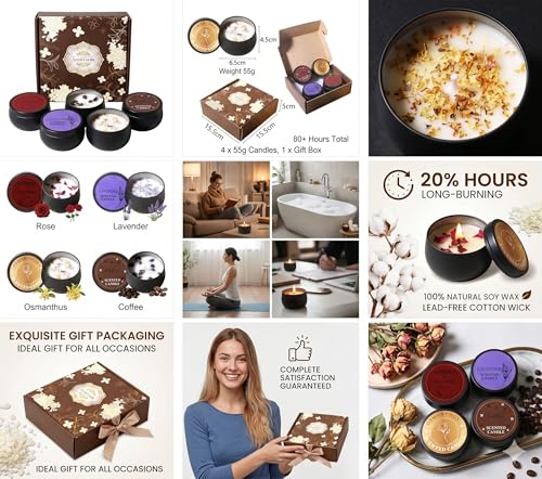 Premium Scented Soy Candle Gift Set of 4 - Coffee,Osmanthus, Rose & Lavender,Aromatherapy Candles, Spa & Relaxation, Mother's Day, Birthday,Housewarming Candle, Present Set for Mother, Women