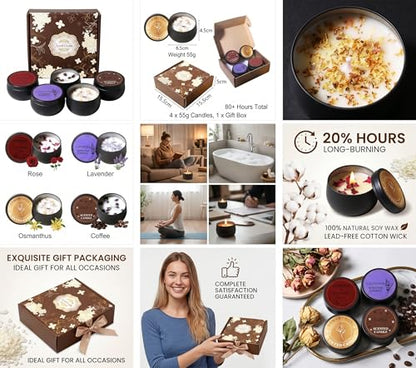 Premium Scented Soy Candle Gift Set of 4 - Coffee,Osmanthus, Rose & Lavender,Aromatherapy Candles, Spa & Relaxation, Mother's Day, Birthday,Housewarming Candle, Present Set for Mother, Women