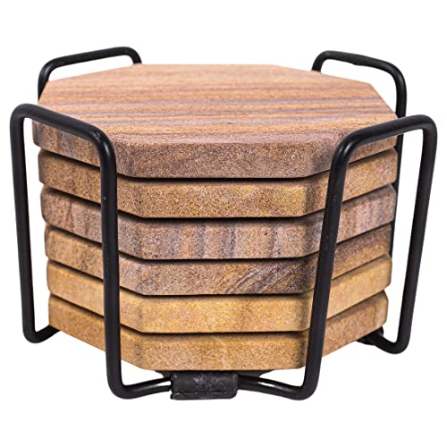 Sandstone Water Absorbent Hand Crafted Octagon Coasters with Holder for Drinks 4 Inches Wide Thirsty Stone Bar/Drink Coasters Made from Real Solid Stone (with Holder, Set of 6) - style: Design 1