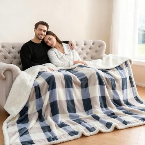 Gracelife Sherpa Fleece Throw Blanket for Couch, Fluffy Plush Warm Fuzzy Blanket for Women and Men, Cozy Thick Soft Twin Blanket for Bed(Grey-Soft Blue, King (108" x 90")) - color: Grey-soft Blue, size: 108" x 90"