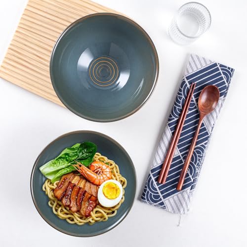 Ceramic Japanese Ramen Bowl Set, 2 Sets Asian Pho Udon Soup Noodle Bowls with Spoons and Chopsticks (Olive Green, 8 inches) - color: Olive Green